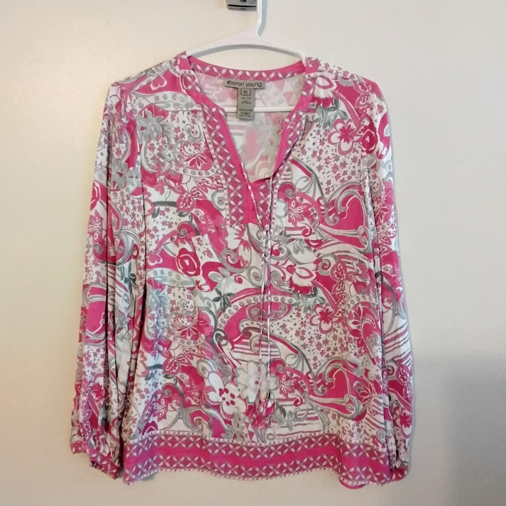 Sharon Young Pink and White 3/4 Sleeve Blouse